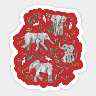 Baby Elephants and Egrets in Watercolor - burgundy red Sticker